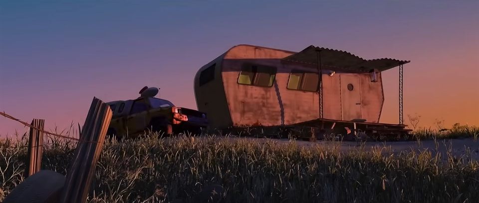 The Pizza Planet truck parked beside a mobile home above Bug City in A Bug's Life