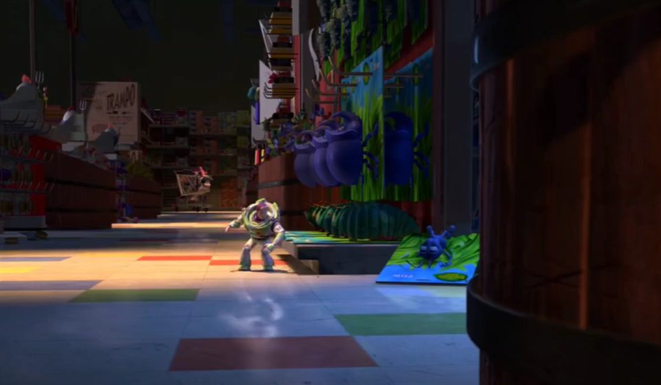 A Bug's Life toy display visible in the Al's Toy Barn aisle in Toy Story 2